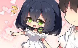 Rule 34 | +++, 1boy, 1girl, :d, black hair, blush, breasts, brown hair, chibi, closed mouth, collared shirt, commentary request, dress, dress shirt, faceless, faceless male, green eyes, hair between eyes, headphones, headphones around neck, heart, heart background, highres, kyoumachi seika, large breasts, looking away, milkpanda, open mouth, pointing, puffy short sleeves, puffy sleeves, shirt, short eyebrows, short sleeves, smile, thick eyebrows, voiceroid, white dress, white shirt