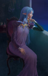 1girl absurdres blue_eyes blue_hair braid chair fate/stay_night fate_(series) highres holding jewelry kappa-ron long_hair long_sleeves medea_(fate) on_chair pointy_ears purple_eyes purple_lips purple_robe robe rule_breaker_(fate) side_braid sitting solo weapon