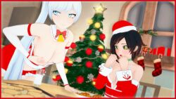 Rule 34 | 2girls, blue eyes, brown hair, choker, christmas, cup, grey eyes, highres, lactation, milk, multiple girls, nyxxzeiss, ponytail, ruby rose, rwby, short hair, skirt, symbol-shaped pupils, weiss schnee, white hair