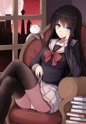 Rule 34 | 1girl, :3, :t, arm rest, armchair, ass, black hair, black shirt, black thighhighs, blue eyes, blush, book, book stack, bow, bowtie, cat, chair, cityscape, closed mouth, clothes lift, crossed legs, feet out of frame, full moon, hand on own cheek, hand on own face, highres, indoors, lifted by self, long hair, long sleeves, looking at viewer, lucky keai, moon, original, panties, pleated skirt, pout, red bow, red bowtie, red sky, school uniform, serafuku, shirt, sidelocks, sitting, skirt, skirt lift, sky, solo, star (sky), starry sky, straight hair, thighhighs, underwear, upper body, v-shaped eyebrows, very long hair, white cat, white panties, window