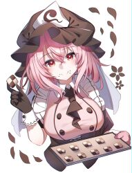 Rule 34 | 1girl, alternate color, ametama (runarunaruta5656), breasts, brown hat, closed mouth, commentary request, crossed bangs, food, hat, highres, large breasts, looking at viewer, mob cap, pink hair, red eyes, saigyouji yuyuko, short hair, smile, solo, touhou, triangular headpiece, upper body, valentine, white background