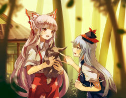 Rule 34 | 2girls, bamboo, bamboo forest, blue dress, bow, building, carrying, dress, eredhen, forest, fujiwara no mokou, hair bow, hat, kamishirasawa keine, long hair, multiple girls, nature, open mouth, pants, poking nose, puffy short sleeves, puffy sleeves, rabbit, red eyes, shirt, short sleeves, silver hair, smile, suspenders, touhou, very long hair