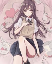 Rule 34 | 1girl, arm at side, bag of chips, black ribbon, black socks, box, brown hair, brown sweater vest, cellphone, closed mouth, collared shirt, cup, digital thermometer, drink, drinking straw, feet out of frame, food, fork, frilled pillow, frills, from above, grey skirt, hamunezuko (nezukonezu32), head on pillow, heart, holding, holding thermometer, indoors, leg up, legs, lipstick mark, long hair, looking at viewer, loose socks, lying, milk carton, mug, neck ribbon, notepad, on back, on bed, on pillow, original, panties, pantyshot, pen, phone, pillow, pink eyes, pink panties, plate, pleated skirt, pocket, purple eyes, ribbon, school uniform, shirt, short sleeves, skirt, smartphone, snack, socks, solo, spoon, stuffed toy, sweater vest, thermometer, underwear