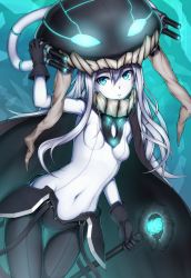 Rule 34 | 10s, 1girl, abyssal ship, bad id, bad pixiv id, black gloves, blue eyes, blush, bodysuit, breasts, cape, covered navel, gloves, heisei yutorin, kantai collection, long hair, looking at viewer, monster, pale skin, personification, silver hair, small breasts, solo, wo-class aircraft carrier