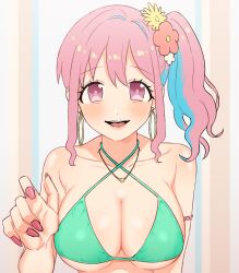 Rule 34 | 1girl, absurdres, aqua hair, armlet, bags under eyes, bare shoulders, bikini, blush, breasts, cleavage, collarbone, commentary request, criss-cross halter, earrings, fingernails, flower, green bikini, hair flower, hair intakes, hair ornament, halterneck, highres, hoop earrings, hozuki kaede, huge breasts, jewelry, lips, long fingernails, long hair, looking at viewer, multicolored hair, nail polish, necklace, onii-chan wa oshimai!, open mouth, pink eyes, pink hair, pink nails, rasse de oma, side ponytail, smile, solo, swimsuit, teeth, tongue, two-tone hair, upper teeth only