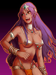 Rule 34 | 1girl, armlet, artist request, bikini, bikini top only, bracelet, breasts, circlet, cowboy shot, dragon quest, dragon quest iv, gradient background, jewelry, long hair, lowres, manya (dq4), open mouth, outline, pelvic curtain, purple hair, solo, swimsuit