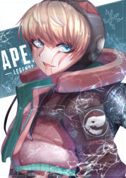 Rule 34 | 1girl, absurdres, animification, apex legends, artist name, backpack, bad id, bad pixiv id, bag, blonde hair, blue eyes, copyright name, drawstring, electricity, eyebrows hidden by hair, facepaint, highres, hood, hooded jacket, jacket, kagamitsuka, logo, looking back, open mouth, red jacket, solo, upper body, wattson (apex legends)