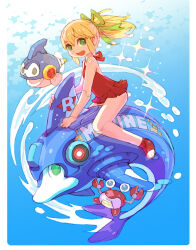 1girl blonde_hair commentary_request crab dolphin dress green_eyes green_ribbon hair_ribbon long_hair looking_at_viewer mega_man_(series) nakayama_tooru non-humanoid_robot ponytail red_dress red_footwear ribbon robot robot_animal roll_(mega_man) shoes smile underwater