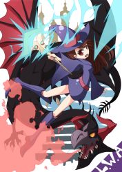 Rule 34 | 10s, 1girl, bare legs, brown hair, dragon, fire, hat, hirayama (hirayamaniwa), kagari atsuko, little witch academia, monster, red eyes, staff, wings, witch, witch hat, yellow eyes