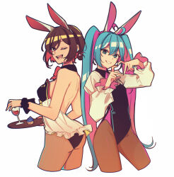 Rule 34 | 2girls, :d, ahoge, animal ears, aqua eyes, aqua hair, backless outfit, breasts, brown hair, colored inner hair, commentary, fake animal ears, grin, hair between eyes, hatsune miku, heart, heart ahoge, heart hands, highres, leotard, long hair, looking at viewer, meiko (vocaloid), multicolored hair, multiple girls, one eye closed, open mouth, pantyhose, pink hair, playboy bunny, rabbit ears, red eyes, red hair, short hair, smile, standing, symbol-only commentary, twintails, two-tone hair, very long hair, vocaloid, wrist cuffs, yen-mi