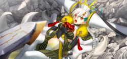 1girl aircraft airship ascot black_gloves blush braid breasts cape clothing_cutout day detached_horns earrings fate/grand_order fate_(series) feet_out_of_frame fur-trimmed_cape fur_trim game_cg gloves hair_between_eyes hair_ribbon horns huge_horns jewelry large_variant_set long_hair long_horns looking_at_viewer lying navel official_art olga_marie_animusphere on_back on_ground open_mouth orange_eyes outdoors red_ascot ribbon rock side_braid solo stomach_cutout storm_border striped_bodysuit takeuchi_takashi third-party_source u-olga_marie variant_set very_long_hair white_hair yellow_horns