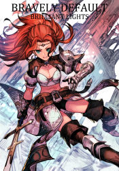 Rule 34 | 1girl, aqua eyes, armor, bike shorts, boots, bravely default: flying fairy, bravely default (series), breasts, character request, cleavage, cleavage cutout, clothing cutout, commentary, crop top, english commentary, floating hair, foreground text, gauntlets, highres, holding, holding sword, holding weapon, hungry clicker, leather, leather boots, medium breasts, orange hair, parted bangs, parted lips, pauldrons, ponytail, puffy short sleeves, puffy sleeves, shin guards, shirt, short sleeves, shoulder armor, shrug (clothing), single pauldron, skirt, solo, sword, thigh boots, thighs, v-shaped eyebrows, weapon, white shirt, white skirt