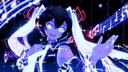 Rule 34 | 1girl, ai-generated art (topic), alternate color, black hair, black shirt, collared shirt, colored skin, commentary, detached sleeves, english commentary, eundargogi, glowing, glowing hair, hair between eyes, hand on own chest, hatsune miku, highres, long hair, multicolored eyes, musical note, necktie, open mouth, purple skin, quarter note, reaching, shirt, sleeveless, sleeveless shirt, solo, staff (music), time signature, twintails, upper body, vocaloid