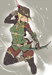 Rule 34 | 1girl, arrow (projectile), black pantyhose, blonde hair, boots, bow (weapon), cropped legs, fantasy, gloves, green eyes, houtengeki, knife, pantyhose under shorts, looking at viewer, original, pantyhose, quiver, sheath, sheathed, short hair, shorts, solo, weapon