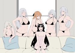 Rule 34 | 6+girls, ak-12 (girls&#039; frontline), ak-15 (girls&#039; frontline), an-94 (girls&#039; frontline), animal ears, arknights, bikini, black hair, breasts, brown hair, closed eyes, couch, creator connection, cushion, defy (girls&#039; frontline), dog ears, dog girl, female focus, girls&#039; frontline, highres, large breasts, lingerie, long hair, medium breasts, meme, multiple girls, one eye closed, open mouth, parody, piper perri surrounded (meme), reference, rpk-16 (girls&#039; frontline), saga (arknights), silver hair, sitting, small breasts, smile, springfield (girls&#039; frontline), swimsuit, thong, underwear, xllam, yuri