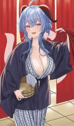 Rule 34 | 1girl, absurdres, ahoge, bathhouse, blue hair, blush, breasts, bucket, cleavage, collarbone, ganyu (genshin impact), genshin impact, highres, horns, japanese clothes, kimono, large breasts, long hair, looking at viewer, o-los, open mouth, purple eyes, sidelocks, smile, solo, standing, towel, wooden bucket, yukata