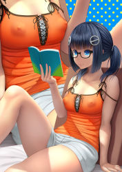 Rule 34 | 1girl, akano murasaki, arm at side, bare shoulders, black skin, blue eyes, blunt bangs, book, breasts, closed mouth, collarbone, colored skin, commentary request, covered erect nipples, eyelashes, fingernails, glasses, hair ornament, hair tie, hand up, highres, long fingernails, multiple views, nail polish, open book, original, pink nails, reading, red-framed eyewear, semi-rimless eyewear, short shorts, shorts, sidelocks, sitting, small breasts, twintails, under-rim eyewear, white shorts