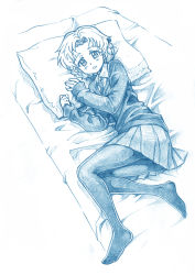 Rule 34 | 1girl, bbb (friskuser), bed, blue theme, braid, dress shirt, from above, girls und panzer, highres, long sleeves, looking at viewer, lying, miniskirt, monochrome, necktie, no shoes, on bed, on side, orange pekoe (girls und panzer), pantyhose, parted bangs, parted lips, pillow, pleated skirt, school uniform, shirt, short hair, skirt, solo, st. gloriana&#039;s school uniform, sweater, twin braids, v-neck, wing collar