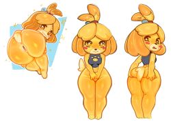 Rule 34 | 1girl, absurdres, animal crossing, animal ears, animal feet, ass grab, bare shoulders, barefoot, bent over, black shirt, blonde hair, blush, blush stickers, body fur, bottomless, bright pupils, cleavage cutout, closed mouth, clothing cutout, crop top, dog ears, dog girl, dog tail, fang, female focus, from behind, full body, furry, furry female, grabbing own ass, groin, hair tie, hands on own ass, happy, highres, isabelle (animal crossing), kneepits, legs, legs together, looking at viewer, looking back, multiple views, nervous, nintendo, nose blush, open mouth, orange eyes, outline, own hands together, parted bangs, paw print, paw print cutout, pussy, shirt, short hair, shortstack, shy, simple background, sketch, skin fang, sleeveless, sleeveless shirt, smile, sparkle, standing, straight-on, tail, thick thighs, thighs, topknot, troppart, two-tone fur, uncensored, v arms, wavy mouth, white background, white outline, white pupils, wide hips, yellow fur