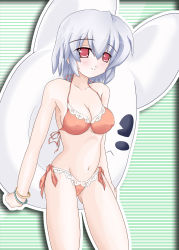 Rule 34 | bikini, blush, breasts, character request, grey hair, highres, looking at viewer, navel, red eyes, short hair, swimsuit, tagme
