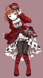 Rule 34 | 10s, 1girl, :d, alternate costume, ayatsuji haruka, bad id, bad pixiv id, black bow, black thighhighs, boots, bow, breasts, brown eyes, brown hair, dress, female focus, frills, full body, garter straps, gothic lolita, hat, hat ribbon, knee boots, knees together feet apart, leaning forward, lolita fashion, long sleeves, medium breasts, mini hat, mini top hat, nogiwa kaede, open mouth, red dress, red footwear, red hat, ribbon, short hair, simple background, smile, solo, standing, striped, striped bow, thigh gap, thighhighs, top hat, world trigger