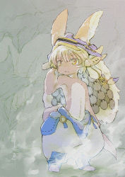 Rule 34 | 1other, animal ears, arm at side, blue pants, brown fur, buna (beech forest), closed mouth, furry, grey hair, hand up, helmet, highres, horizontal pupils, looking to the side, made in abyss, multicolored hair, nanachi (made in abyss), other focus, pants, puffy pants, short hair, solo, split-color hair, split mouth, standing, tail, topless, whiskers, yellow eyes