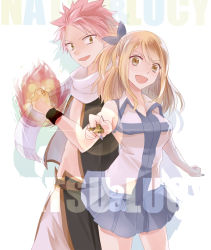 Rule 34 | 1boy, 1girl, :d, blonde hair, blue nails, blue ribbon, blue skirt, brown eyes, character name, cowboy shot, erinan, fairy tail, fire, green eyes, hair ribbon, head tilt, holding, holding key, key, long hair, looking at viewer, lucy heartfilia, miniskirt, nail polish, natsu dragneel, one side up, open mouth, pink hair, pleated skirt, ribbon, scarf, shirt, simple background, skirt, sleeveless, smile, spiked hair, standing, white background, white scarf, white shirt, wrist cuffs