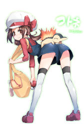 Rule 34 | 00s, 1girl, ass, bad id, bad pixiv id, bag, bent over, brown eyes, brown hair, creatures (company), cyndaquil, game freak, gen 2 pokemon, hat, hat ribbon, highres, holding, holding poke ball, homura subaru, looking back, lyra (pokemon), nintendo, panties, poke ball, pokegear, pokemon, pokemon (creature), pokemon hgss, red ribbon, ribbon, shorts, standing, striped clothes, striped panties, suspenders, thighhighs, twintails, underwear, upshorts
