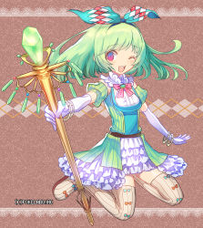 Rule 34 | 1girl, bow, bracelet, character request, fuji minako, gloves, green hair, hair bow, jewelry, lots of jewelry, one eye closed, open mouth, pink eyes, puffy sleeves, shirt, short sleeves, skirt, smile, solo, staff, thighhighs, unmei no clan battle, white gloves, wink