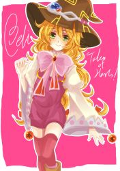 Rule 34 | 1girl, aqua eyes, beryl benito, blonde hair, blush, freckles, hat, highres, long hair, pink background, ribbon, shoes, smile, socks, tales of (series), tales of hearts, thighhighs, wide sleeves, witch hat