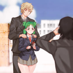 Rule 34 | 1girl, 2boys, bags under eyes, black suit, blazer, blonde hair, blurry, blurry foreground, crying, crying with eyes open, day, facial hair, formal, goatee, graduation, green eyes, green hair, hands on another&#039;s shoulders, height difference, highres, jacket, keigi, koiwai yotsuba, microskirt, mr. koiwai, multiple boys, aged up, quad tails, red neckwear, school gateway, school uniform, short hair, skirt, suit, taking picture, tearing up, tears, thick thighs, thighs, yanda, yotsubato!