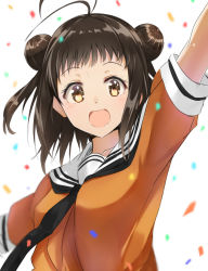 Rule 34 | 10s, 1girl, :d, antenna hair, arm up, blush, brown eyes, brown hair, confetti, double bun, isshiki (ffmania7), kantai collection, looking at viewer, naka (kancolle), open mouth, sailor collar, school uniform, shirt, short hair, short sleeves, smile, solo, white background