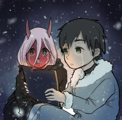 Rule 34 | 10s, 1197103902, 1boy, 1girl, black hair, book, coat, colored sclera, colored skin, couple, crying, crying with eyes open, darling in the franxx, fur trim, grey coat, hiro (darling in the franxx), holding, holding book, horns, long hair, oni horns, parka, pink hair, red sclera, red skin, short hair, spoilers, tears, winter clothes, winter coat, zero two (darling in the franxx)