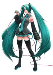 Rule 34 | 1girl, boots, copyright name, detached sleeves, green eyes, green hair, hatsune miku, headset, highres, long hair, matching hair/eyes, microphone, nail polish, necktie, open mouth, simple background, skirt, solo, souryu, tattoo, thigh boots, thighhighs, twintails, very long hair, vocaloid, white background