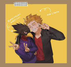 Rule 34 | 2boys, animal head, arm on another&#039;s shoulder, arrow (symbol), beak, bird boy, black jacket, blonde hair, blush, boku no hero academia, border, brown border, closed mouth, collarbone, commentary, drawstring, earrings, english commentary, english text, hawks (boku no hero academia), hood, hoodie, jacket, jewelry, long sleeves, looking at viewer, male focus, mriirii, multiple boys, open clothes, open jacket, purple hoodie, red eyes, red shirt, shirt, short hair, signature, simple background, smile, standing, teeth, tokoyami fumikage, v, yellow background