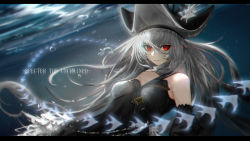Rule 34 | 1girl, absurdres, air bubble, angelfish, arknights, bare shoulders, black dress, black hat, breasts, bubble, character name, commentary request, detached sleeves, dress, fish, grey hair, hair between eyes, hat, highres, large breasts, letterboxed, long hair, long sleeves, looking at viewer, niuy, parted lips, red eyes, smile, solo, specter (arknights), specter the unchained (arknights), underwater, upper body, very long hair