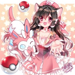 Rule 34 | 1girl, :d, ;d, animal ear fluff, animal ears, black hair, blue eyes, blush, bow, braid, capelet, character request, commentary request, creatures (company), crown braid, double bun, dress, game freak, gen 6 pokemon, hair between eyes, hair bow, hair bun, long hair, long sleeves, looking at viewer, nintendo, one eye closed, open mouth, pink capelet, pink dress, pink hair, poke ball, poke ball (basic), pokemon, pokemon (creature), purple eyes, sakurano ru, signature, smile, star (symbol), starry background, sylveon, very long hair, white bow