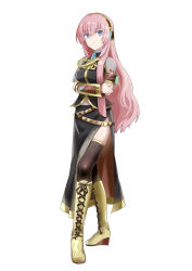 Rule 34 | 1girl, absurdres, agonasubi, amulet, armband, black shirt, black skirt, blouse, blue eyes, boots, commentary, crossed arms, derivative work, expressionless, full body, gold footwear, gold trim, hairband, headphones, highres, knee boots, long hair, megurine luka, midriff, navel, piano print, pink hair, see-through, see-through sleeves, shirt, short sleeves, side slit, sideways glance, simple background, skirt, solo, standing, thighhighs, very long hair, vocaloid, vocaloid boxart pose, wedge heels, white background