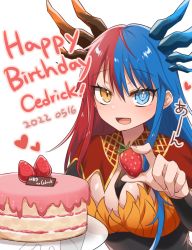 Rule 34 | 1girl, between breasts, birthday, birthday cake, black dress, blue eyes, blue hair, blue horns, blush, breasts, bright pupils, cake, cleavage, dragon girl, dragon horns, dress, eye contact, facing viewer, feeding, food, fruit, heart, heterochromia, highres, holding, holding plate, horns, incoming food, inferna dragnis (xoldrek), large breasts, long hair, looking at another, looking at viewer, monster girl, multicolored hair, multicolored horns, name tag, necktie, necktie between breasts, non-web source, open mouth, orange eyes, original, plate, red hair, red horns, smile, solo, split-color hair, strawberry, strawberry cake, symbol-shaped pupils, two-tone hair, usagi1923, white pupils