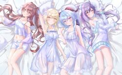 Rule 34 | 4girls, :q, ahoge, alternate costume, arm up, armpits, bed sheet, blonde hair, blue hair, bow, breasts, brown hair, cleavage, collarbone, commentary request, cone hair bun, double bun, dress, flower, from above, ganyu (genshin impact), genshin impact, hair between eyes, hair bow, hair bun, hair flower, hair ornament, hair ribbon, highres, horns, hu tao (genshin impact), keqing (genshin impact), long hair, long sleeves, looking at viewer, looking up, low ponytail, lumine (genshin impact), lying, medium breasts, multiple girls, navel, on back, on side, pajamas, parted lips, pillow, purple eyes, purple hair, red eyes, ribbon, shirt, short hair, short hair with long locks, short shorts, shorts, shuriduruu, sidelocks, simple background, sleepover, sleeveless, small breasts, smile, spaghetti strap, stomach, strapless, strapless shirt, symbol-shaped pupils, tongue, tongue out, twintails, v-shaped eyebrows, white dress, white pajamas, yellow eyes