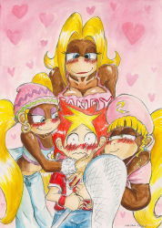 Rule 34 | 1boy, 3girls, absurdres, artist request, blonde hair, blue eyes, blush, breasts, candy kong, cleavage, crossover, dated, dixie kong, donkey kong (series), heart, highres, hug, kakeru (saru getchu), midriff, monkey, multiple girls, nintendo, pants, pointy hair, ponytail, red hair, saru getchu, smile, sony, tank top, tiny kong, traditional media, twintails
