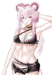Rule 34 | 1girl, absurdres, animal ears, arknights, arm up, armpits, bare arms, bare shoulders, belt, bikini, black belt, black bikini, black choker, black shorts, choker, commentary, cowboy shot, eyewear on head, food, food in mouth, hair between eyes, highres, lin (arknights), long hair, looking at viewer, mouse ears, mouth hold, navel, pink eyes, pink hair, popsicle, short shorts, shorts, simple background, solo, standing, stomach, sunglasses, swimsuit, white background, woon