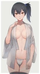 Rule 34 | 1girl, black hair, black thighhighs, breasts, brown eyes, collarbone, cowboy shot, fundoshi, grey background, groin, hair between eyes, japanese clothes, kaga (kancolle), kantai collection, kasumi (skchkko), large breasts, long hair, navel, open clothes, side ponytail, simple background, solo, thighhighs, wide sleeves