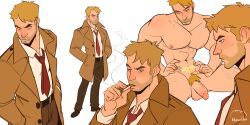 Rule 34 | 1boy, abs, absurdres, bara, belt, black belt, blonde hair, brown coat, brown pants, cigarette, closed mouth, coat, collared shirt, completely nude, dc comics, expressions, facial hair, hands in pockets, highres, john constantine, large pectorals, male focus, muscular, muscular male, navel, necktie, nipples, nude, nyuudles, open clothes, open coat, pants, pectorals, shirt, short hair, smoking, white shirt