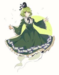 Rule 34 | 1girl, black hat, closed mouth, dress, frilled dress, frilled shirt collar, frills, full body, ghost, ghost tail, green dress, green eyes, green hair, hat, highres, kalmeyaki, long sleeves, looking at viewer, ofuda, ofuda on clothes, short hair, soga no tojiko, solo, star (symbol), tate eboshi, touhou, white background, wide sleeves