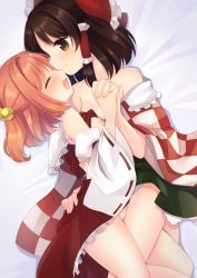 Rule 34 | 2girls, bed, bell, blush, bow, brown eyes, checkered clothes, checkered kimono, closed mouth, commentary, commission, cosplay, costume switch, detached sleeves, dutch angle, closed eyes, hair bell, hair bow, hair ornament, hair tubes, hakurei reimu, happy, interlocked fingers, japanese clothes, kimono, long sleeves, medium hair, miko, motoori kosuzu, multiple girls, nipples, off shoulder, open mouth, orange hair, ribbon-trimmed sleeves, ribbon trim, sen1986, sidelocks, sideways mouth, skeb commission, smile, teeth, thigh straddling, touhou, two side up, upper teeth only, wide sleeves, yuri