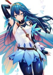 Rule 34 | 1girl, alternate costume, ameno (a meno0), arm up, armpits, bad id, bad twitter id, bare shoulders, blue butterfly, blue eyes, blue gloves, blue pantyhose, bug, butterfly, butterfly wings, dress, elbow gloves, fingerless gloves, fire emblem, fire emblem heroes, gloves, hair between eyes, highres, holding, holding sword, holding weapon, insect, insect wings, long hair, lucina (fire emblem), nintendo, pantyhose, parted lips, solo, standing, strap, sword, symbol-shaped pupils, tiara, weapon, white background, white dress, wings