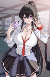 Rule 34 | 1girl, absurdres, artist name, black hair, black skirt, blush, breasts, cellphone, cleavage, closed mouth, collared shirt, counter:side, crossed bangs, dress shirt, high ponytail, highres, holding, holding phone, jewelry, large breasts, licking lips, long hair, looking at viewer, loose necktie, maett, miniskirt, nail polish, necklace, necktie, partially unbuttoned, phone, pleated skirt, ponytail, purple eyes, purple nails, red necktie, red scrunchie, scrunchie, shirt, shirt tucked in, sidelocks, skirt, smartphone, solo, standing, tied sweater, tongue, tongue out, v, very long hair, white shirt, wrist scrunchie, yoo mina