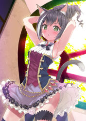 1girl :o absurdres animal_ear_fluff animal_ears armpits arms_up bare_arms bare_shoulders black_hair blush breasts cat_ears cat_girl cat_tail commentary_request day frilled_skirt frills green_eyes hair_bun highres indoors karyl_(princess_connect!) looking_at_viewer multicolored_hair no_detached_sleeves parted_lips porurin princess_connect! purple_skirt shirt single_hair_bun skirt sleeveless sleeveless_shirt small_breasts solo standing streaked_hair tail tail_raised v-shaped_eyebrows white_hair white_shirt window