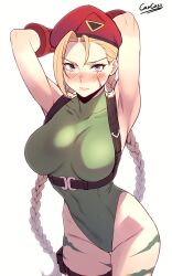 Rule 34 | 1girl, absurdres, armpits, arms behind head, artist name, beret, blonde hair, blue eyes, blush, braid, breasts, cammy white, carcass (artist), closed mouth, commentary request, covered navel, curvy, facial scar, green leotard, hat, highleg, highleg leotard, highres, korean commentary, large breasts, leotard, long hair, looking at viewer, red hat, scar, scar on cheek, scar on face, simple background, solo, street fighter, thighs, twin braids, very long hair, white background, wide hips